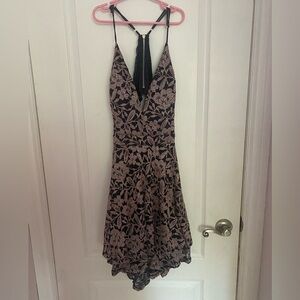 Mini dress, size XL sparkly dusty rose with floral lace and navy blue outlines